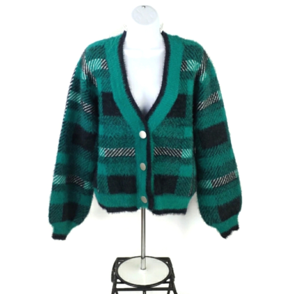 Umgee Green Plaid 3-Snap Long Sleeve Cropped Eyelash Cardigan Sweater Womens M